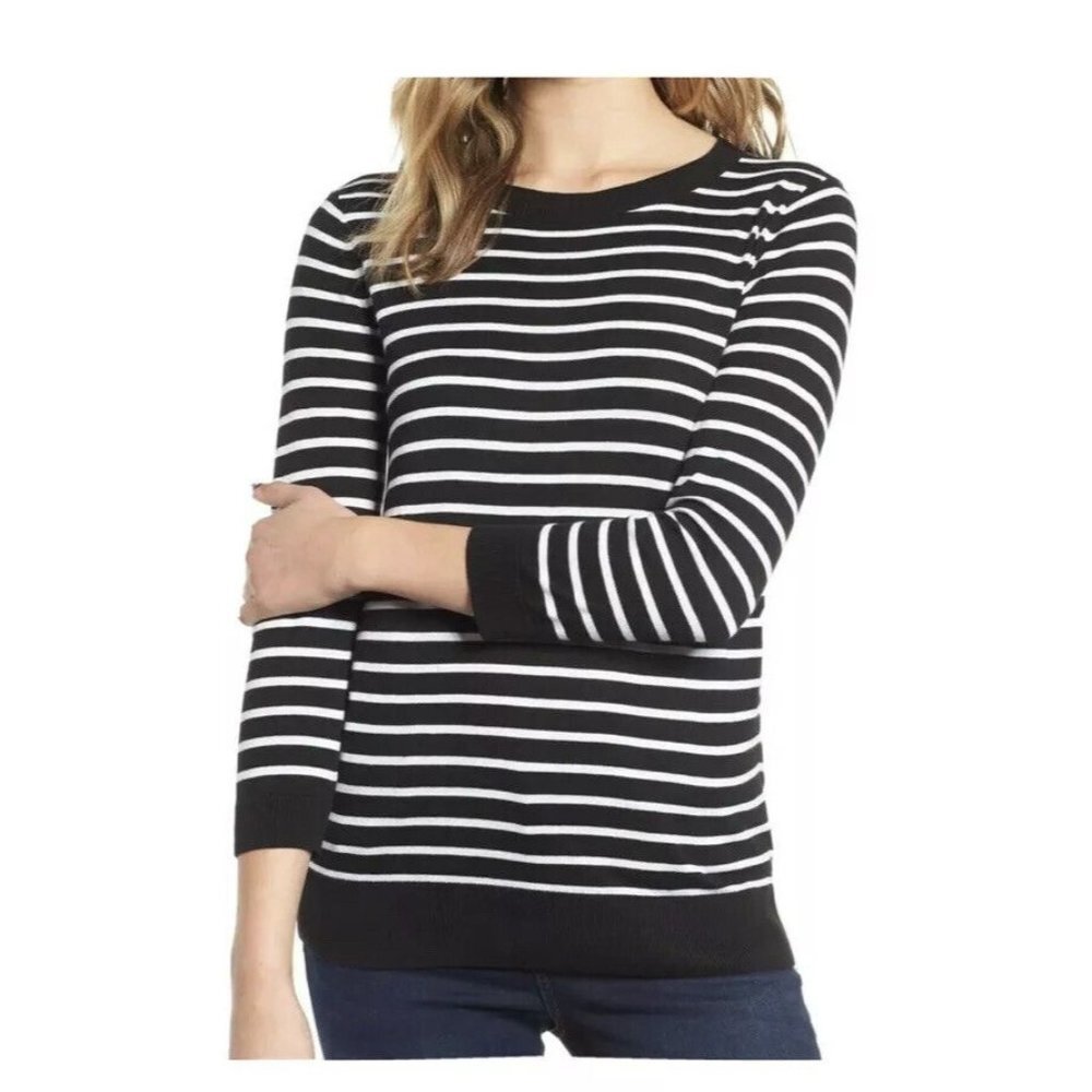 1901 NORDSTROM Women's Rubbed‎ Knit Black Stripe Classic Pullover Size S